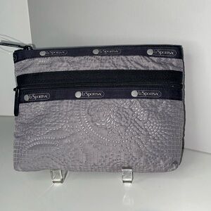 LeSportSac 2 Zipper Pouch Makeup Bag Puffy Blossoms dove gray & black Rare NWOT